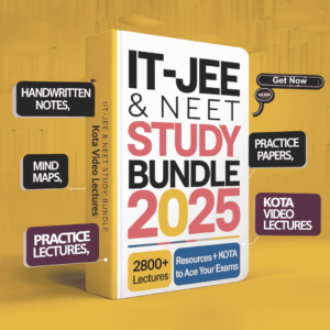IIT-JEE & NEET 2025 study bundle with Kota video lectures, practice papers, handwritten notes, and mind maps.